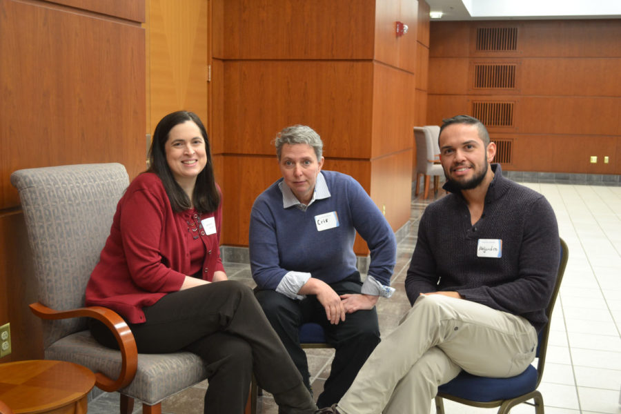 Co-Chairs Julie Dowling, Department of Latino/Latina Studies, Cris Mayo, of the College of Education, and Alejandro Gomez Vice-Chair of the Committee from the Counseling Center, organized a round-table discussion on issues impacting the LGBT community at the Alice Campbell Alumni Center on February 20.