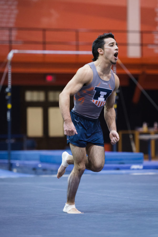 Sonny+An+The+Daily+Illini+Illinois+C.J.+Maestas+encourages+his+team+after+a+strong+performance+on+the+floor+during+the+meet+against+Stanford+at+Huff+Hall+on+Friday%2C+March+6%2C+2015.