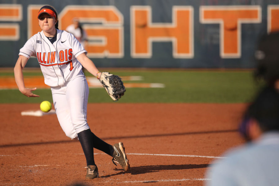 Illinois Jade Vecvanags pitches during the game against Northwestern on April 22, 2014. Vecvanags’ best outing of the season was cut short due to a travel curfew.