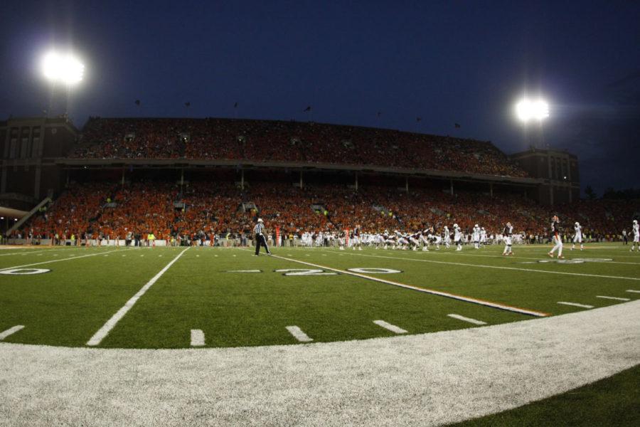 The Illinois football team will play its season opener against Kent State on September 4, a Friday night. The Illini are trying new methods to increase attendance.
Illinois played under the lights against Arizona State at Memorial Stadium on Saturday, Sept. 17, 2011. The Illini won 17-14.