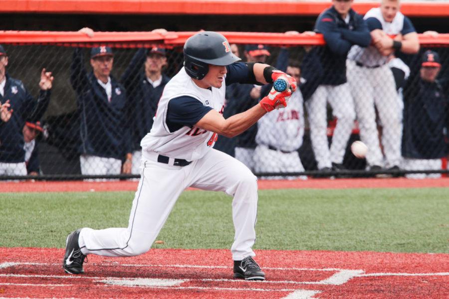 Illinois’ Will Krug bunts the ball during the baseball game vs. Chicago State at Illinois Field on Tuesday. Illinois won 7-3.