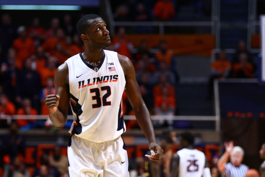 Illinois’ Nnanna Egwu pumps his fist after a made free throw against Maryland at State Farm Center on Jan. 7. The NIT will be the final games of the senior’s career.