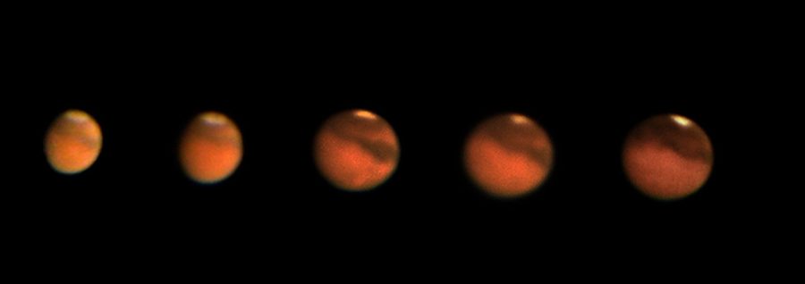 On Aug. 27, Mars will swing nearer to Earth than it has been in almost 60,000 years. This sequence of photographs shows how it appears larger as it gets closer to Earth.