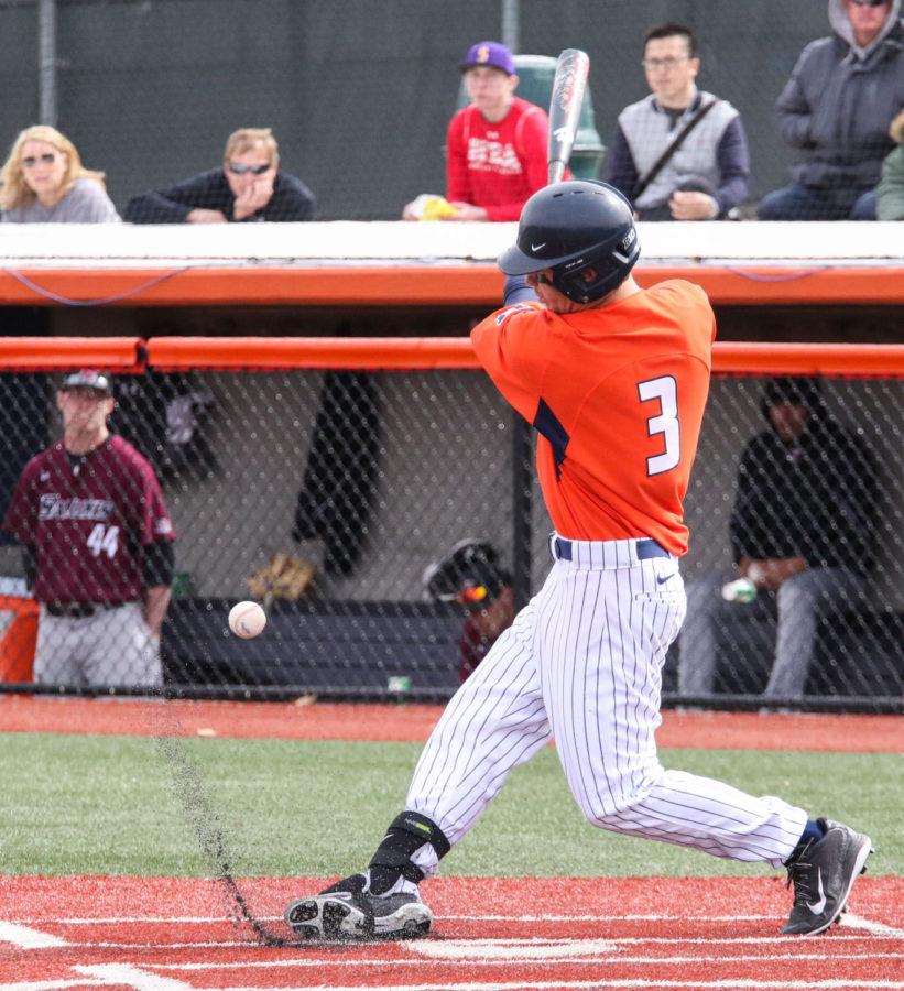 Illinois Casey Fletcher (3) fouls the ball during the baseball game v. SIU at Illinois Field on Saturday. Illinois won 6-2. Fletcher scored a home run Sunday that gave the Illini a lead.
