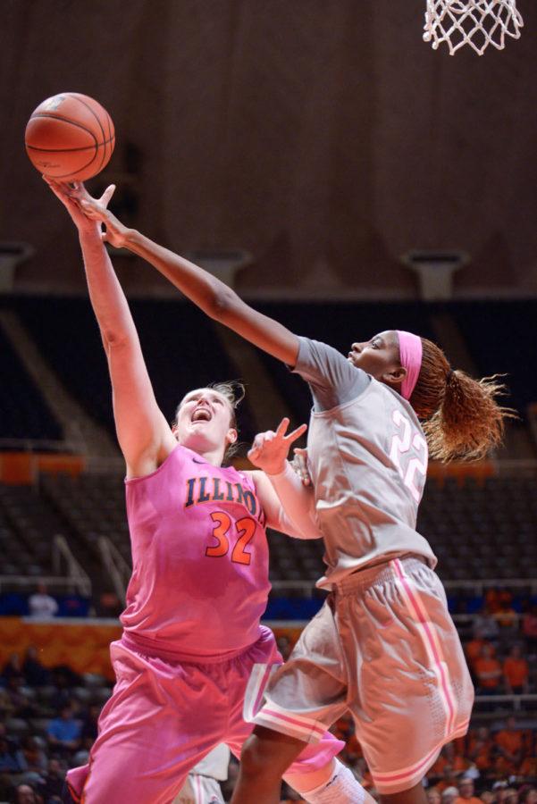 Illinois’ Chatrice White attempts a contested layup during the game against Ohio State at State Farm Center on Saturday, Feb. 14.