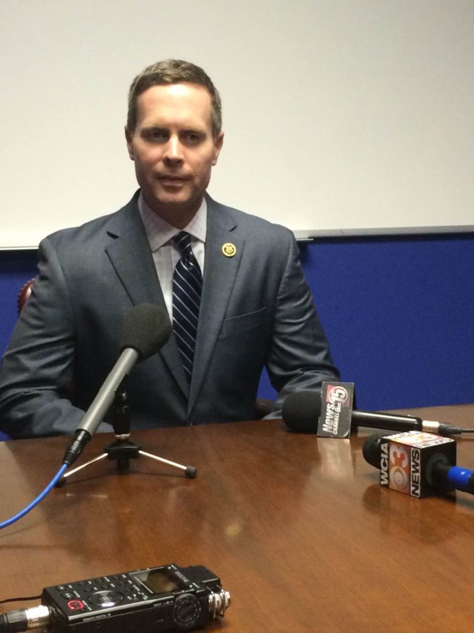 Representative Rodney Davis (R-13) speaks to reporters in Champaign on Wednesday about the EPAs decision to designate the Mahomet Aquifer as a Sole Source Aquifer.
