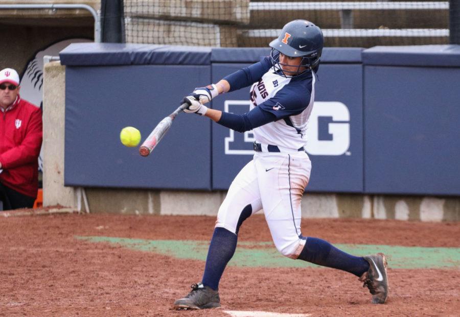 Illinois%E2%80%99+Carly+Thomas+swings+at+the+ball+during+the+softball+game+against+Indiana+at+Eichelberger+Field+on+Sunday.%C2%A0+Thomas+contributed+to+the+Illini%E2%80%99s+22-12+victory.