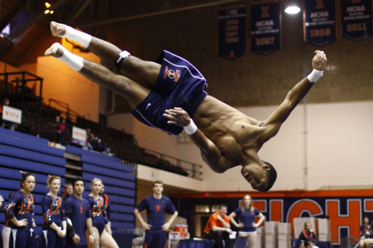 Illinois+Fred+Hartville+competes+his+floor+exercise+routine+during+the+Orange+and+Blue+Exhibition+at+Huff+Hall+on+Dec.+9%2C+2012.