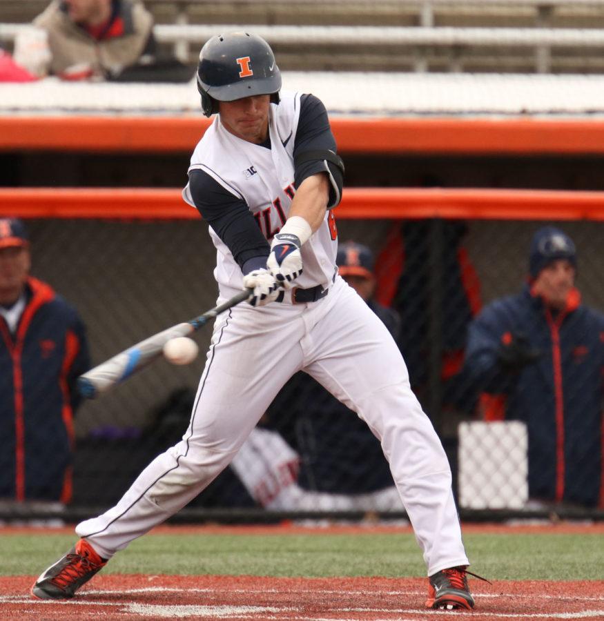 Illinois Adam Walton (6) makes contact with the ball during the game against Lindenwood University at Illinois Field, on Wednesday, March 18. The Illini won 7-1.
