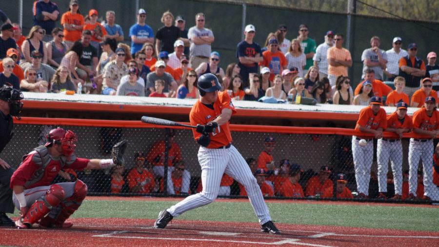 Illinois+Pat+Mclnerney+takes+a+swing+at+the+ball+during+the+baseball+game+vs.+Indiana+at+Illinois+Field+on+Saturday.+Illinois+won+6-3.