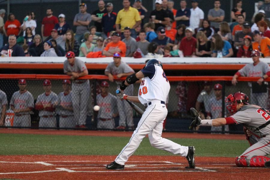Illinois Will Krug (40) takes a swing at the ball during the baseball game vs. Indiana at Illinois Field on Friday, April 17. Illinois won 5-1.