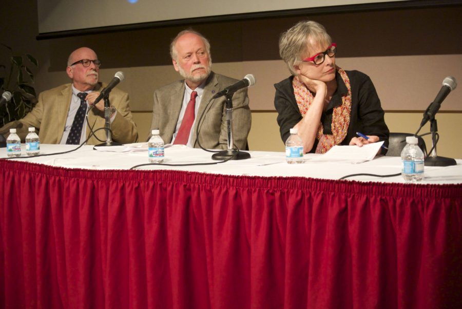 AAUP censure panelists (from left to right) Matthew Finkin, Roy Campbell and Susan Davis listen to guest panelist Andrew Ross speak on the Universitys potential for censure via Skype, at the Spurlock Museum on Tuesday.