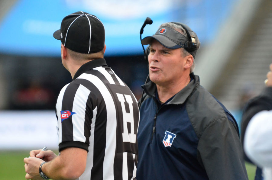 Illinois head coach yells at a referee for a penalty call during the Zaxbys Heart of Dallas Bowl against Louisiana Tech at Cotton Bowl Stadium in Dallas, Texas on Friday, Dec. 26, 2014. The Illini lost 35-18.