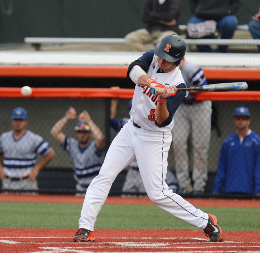 Illinois’ Ryan Nagle swings for the ball during the baseball game vs. Saint Louis at Illinois Field on Wednesday. Illinois continued their hot streak with this victory.