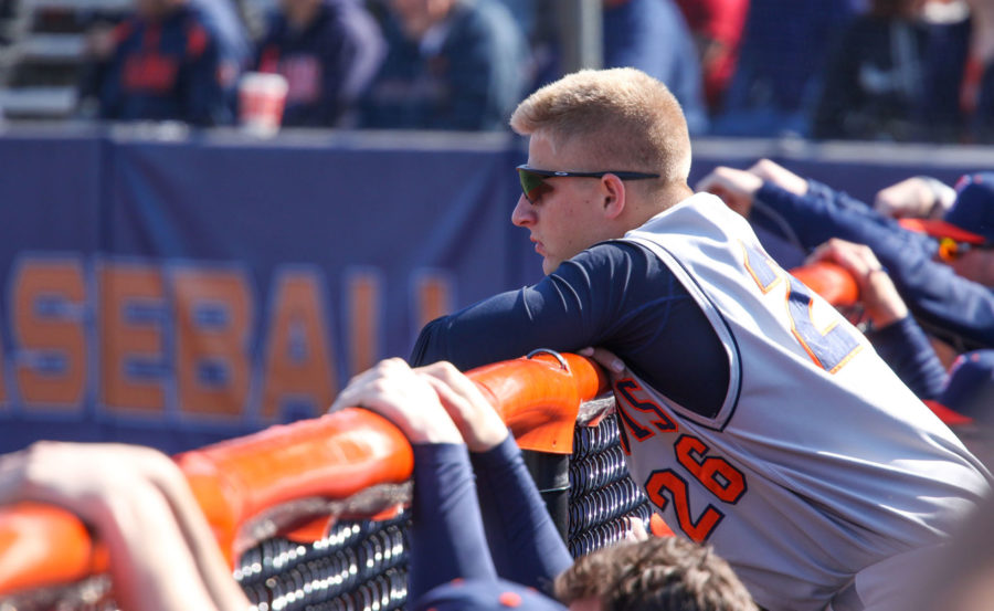 Illinois Grey Schultz (26) looks out onto the field from the dugout during the baseball game v. Northwestern at Illinois Field on Saturday, Apr. 4, 2015. Illinois won 11-4.