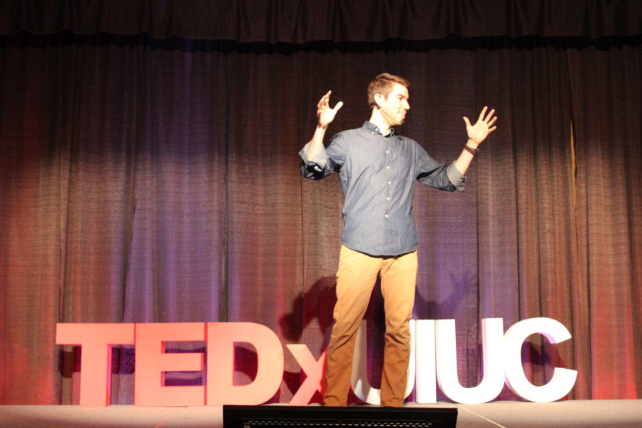 Esteban Gast, comedian and social entrepreneur, gives a presentation at the I Hotel and Conference Center during Saturday’s TEDxUIUC 2015: At Crossroads event. The next TEDxUIUC event will be on April 23, with the theme Creative Chaos. 