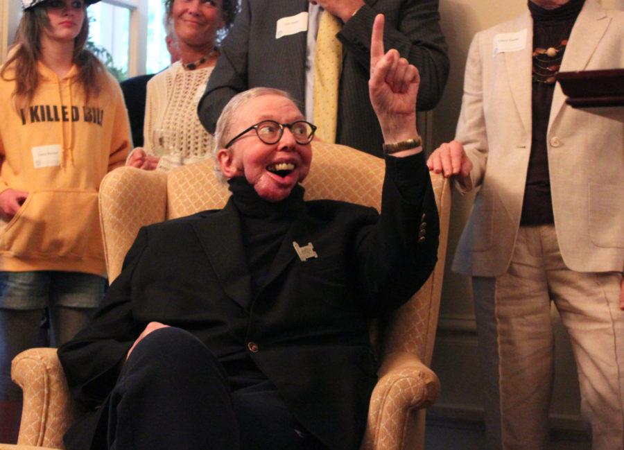 Roger Ebert raises his hand to interject during his wife Chaz Hammelsmith Eberts (not pictured) speech at the Ebertfest Opening Night Gala at the Presidents House on Wednesday, April 25 during the the Ebertfest Opening Night Gala at the Presidents House. 
