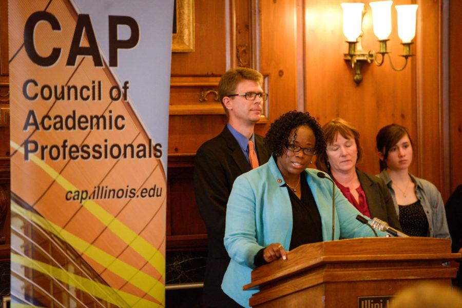 State representative Carol Ammons holds a press conference in regards to the possible elimination of partial tuition waivers for public Illinois colleges and universities at the Illini Union on Wednesday.