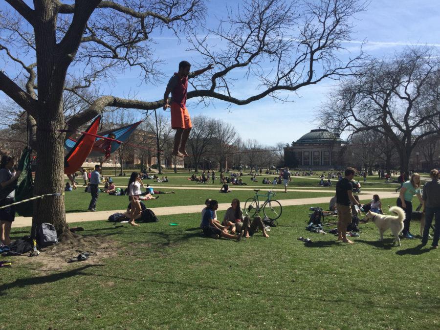 Students pass the time between classes on the Main Quad.
