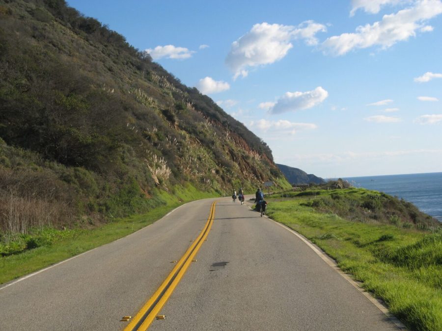 From back to front, Ryne Leuzinger, Nora Tien and Kamilla Kinard on the fourth day of their bike expedition on Dec. 30, 2014, in Big Sur, California.