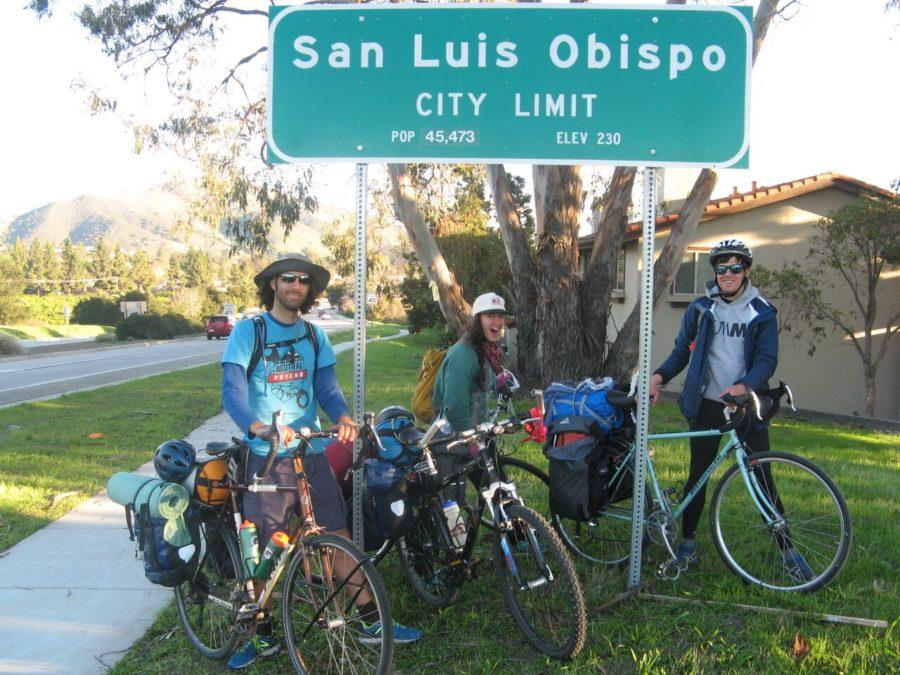 From left to right, Guy Tal, Nora Tien and Ryne Leuzinger after reaching their final designation on the sixth day of their biking expedition on Jan. 1, 2015, in San Luis Obispo, California.