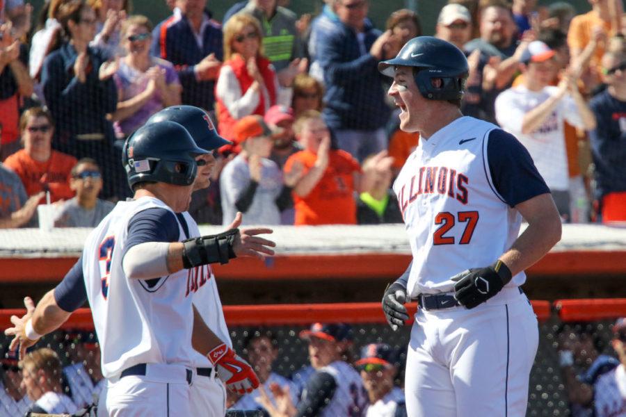 Illinois%E2%80%99+Pat+McInerney+celebrates+his+home+run+hit+during+the+baseball+game+vs.+Purdue+at+Illinois+Field+on+April+11.+The+Illini+were+assigned+the+No.+6+national+seed+and+will+host+a+regional+in+the+NCAA+tournament.