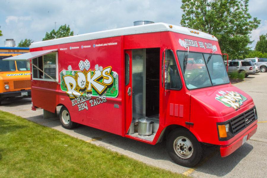 The ROKS Korean BBQ Tacos truck serving lunch in Research Park in Champaign on June 12.