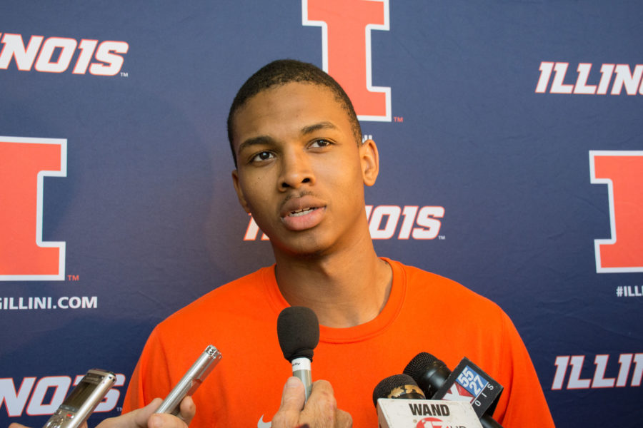 After being recently selected to attend USA Basketball Pan American Games Team Training Camp, Illini basketball player Malcolm Hill addresses the media at Ubben Basketball Facility in Champaign on Monday, June 29.