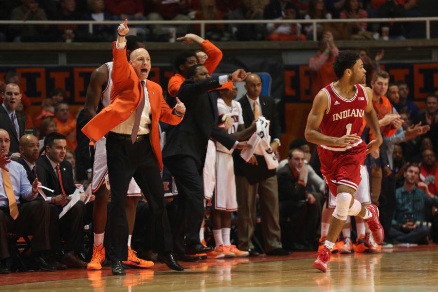 Illinois head coach John Groce signals to his team during the game against Indiana at State Farm Center on Jan. 18, 2015. The Illini lost 80-74.