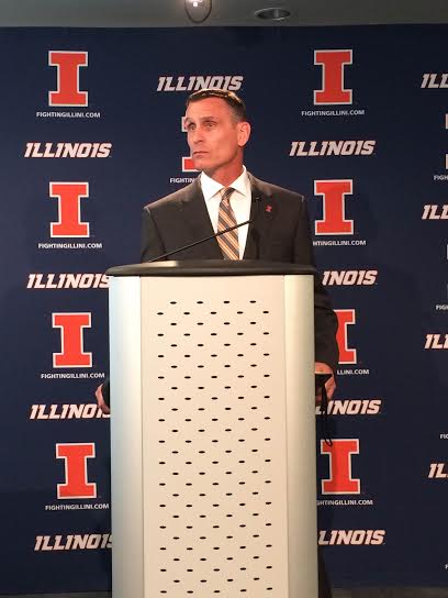 Athletic+Director+Mike+Thomas+speaks+to+media+Friday+on+the+recent+firing+of+Tim+Beckman%2C+former+head+football+coach.