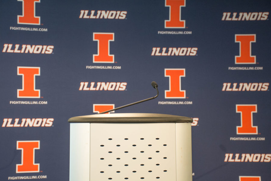 The podium at the press conference discussing the dismissal of head football coach Tim Beckman on Friday, August 28.