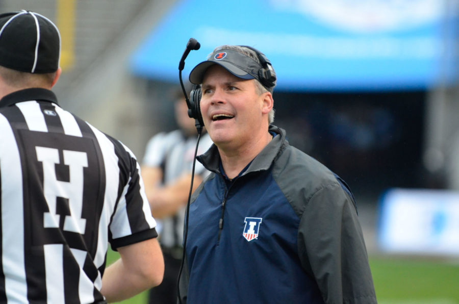 Illinois head coach Tim Beckman yells at a referee for a penalty call during the Zaxbys Heart of Dallas Bowl against Louisiana Tech at Cotton Bowl Stadium in Dallas, Texas on Friday, Dec. 26, 2014. The Illini lost 35-18.