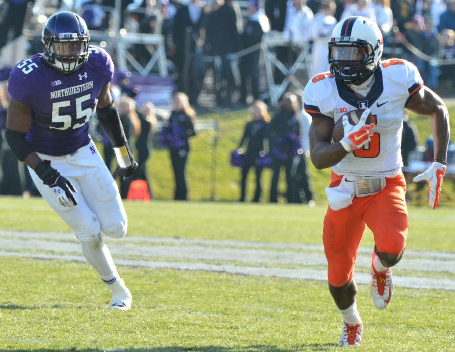 Illinois Josh Ferguson (6) runs the ball during the game against Northwestern at Ryan Field in Evanston, Ill. on Saturday, Nov. 29, 2014. The Illini won 47-33. Several players are vying to be Fergusons backup.