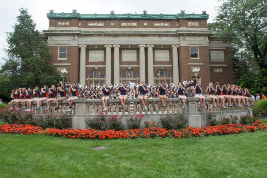 The Marching Illini perform on the Foellinger terrace at Quad Day 2015.