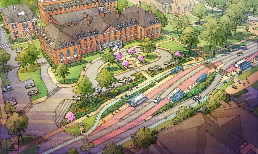 An MCORE open house revealed plans for construction on the Universitys campus. This is a photo illustration of how Green Street will be designed after construction is finished. 
