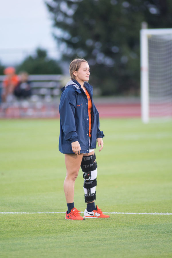 Reagan Robishaw on the sideline during the game against Northern Kentucky at Illinois Track and Soccer stadium on Friday, Sept. 11, 2015.