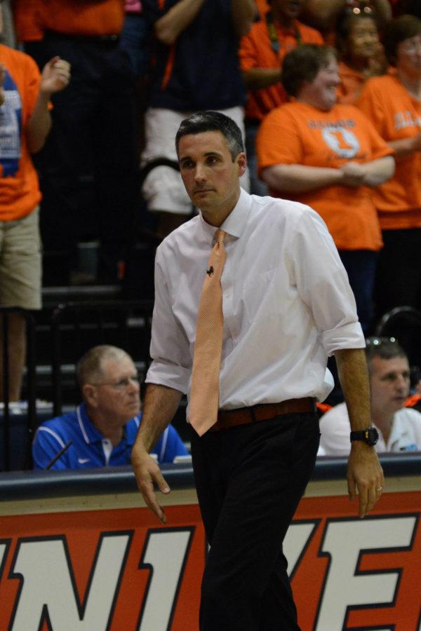 Illinois head coach Kevin Hambly during the game vs Louisville  at Huff Hall on Friday, Aug. 28, 2015.  Illinois won 3-0.