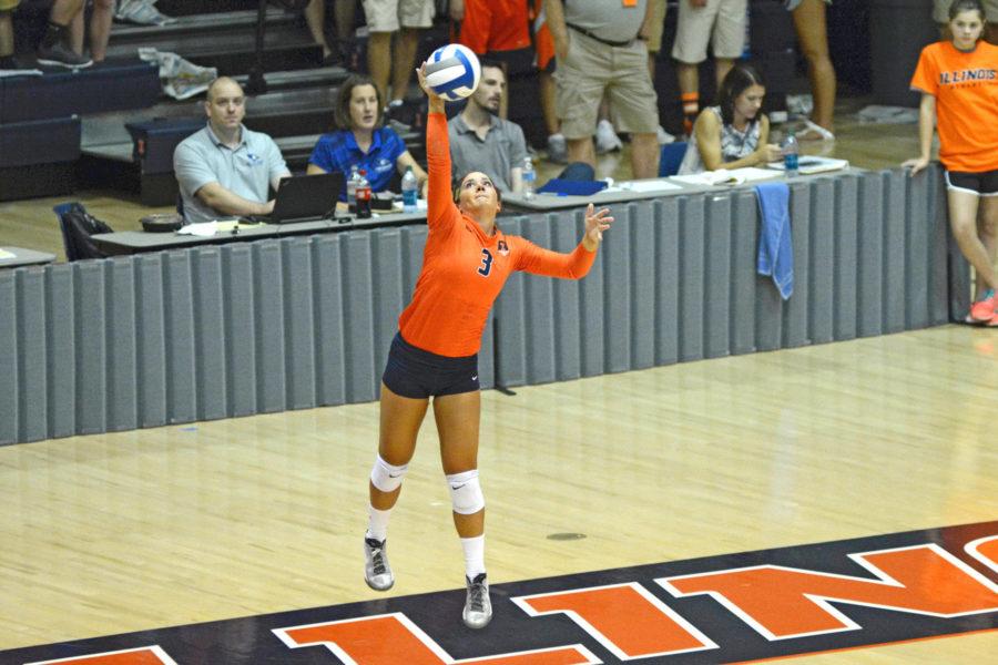 Illinois Brandi Donnelly (3) serves the ball during the game vs Louisville  at Huff Hall on Friday, Aug. 28, 2015.  Illinois won 3-0.