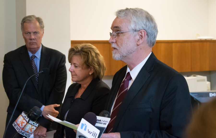President Timothy Killeen speaks to media, alongside Acting Chancellor Barbara Wilson (left) the pair released a statement in support of students and faculty affected by the immigration ban. 