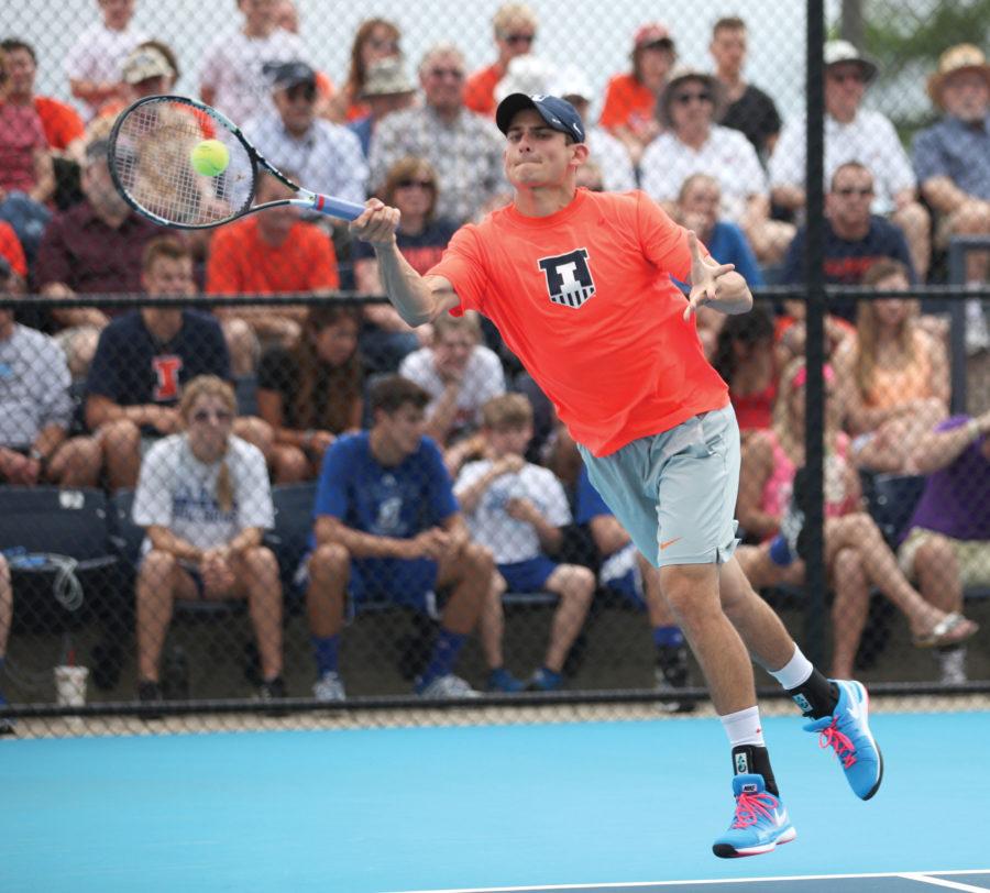Illinois Jared Hiltzik swings for the ball during the second round of NCAA Mens Tennis Regionals v. Drake at Khan Outdoor Tennis Complex on Saturday, May 9, 2015. Illinois won 4-2.