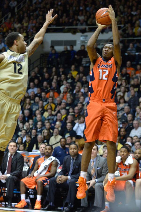 Daily Illini File PhotoIllinois’ Leron Black (12) takes a shot during the game against Purdue at Mackey Arena in West Lafayette, Indiana on Saturday, March 7, 2015. The Illini lost 63-58.