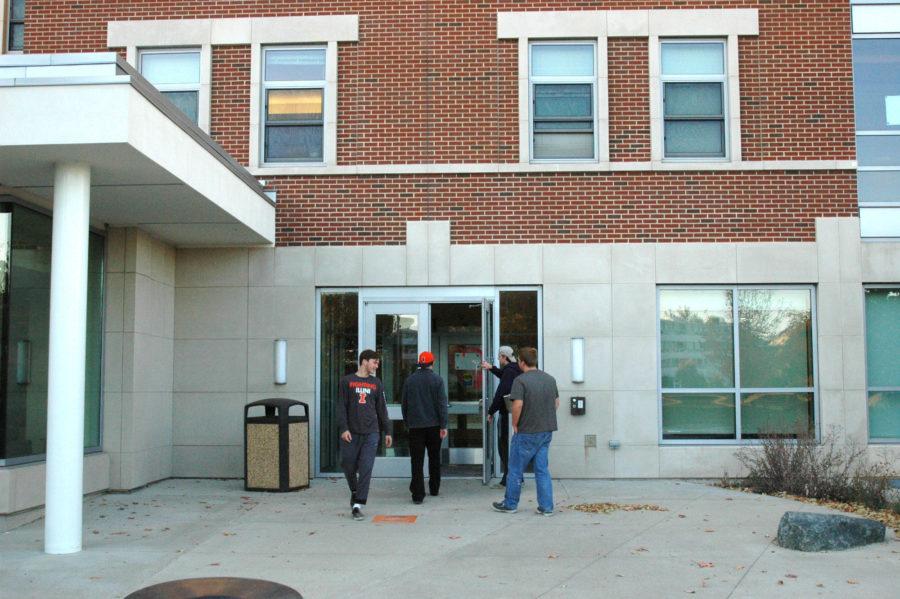 A group of freshman entering Nugent Hall. From the left, Graham Hubbert (Business), Dennis Damico (Agro-Bio), Conor Lipinski (Comp Eng), and Peter Sokalski (Mechanical Eng) on October 17, 2015. 