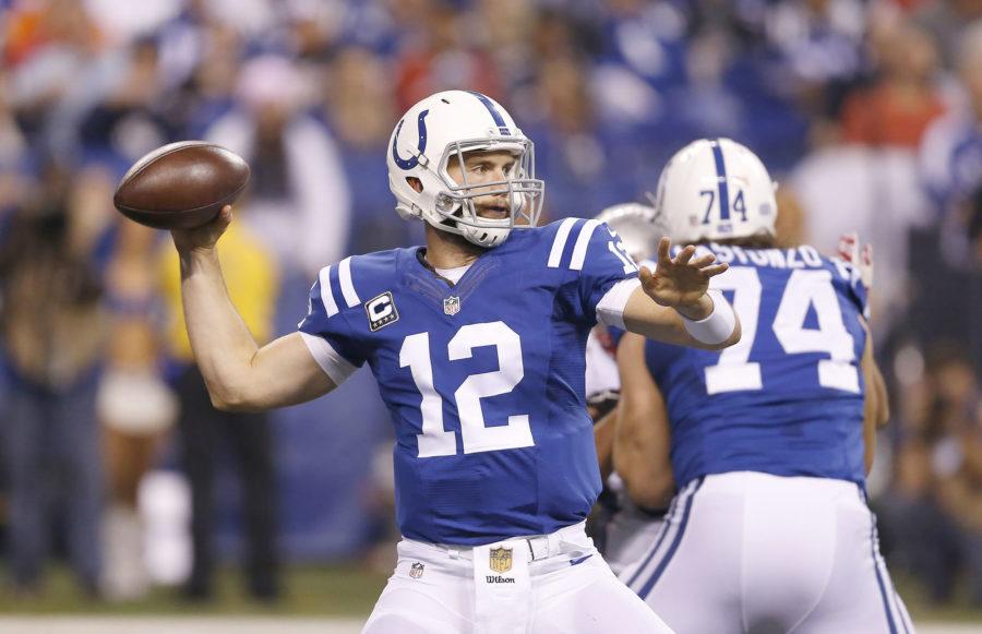 Indianapolis Colts quarterback Andrew Luck (12) throws in the first half against the New England Patriots at Lucas Oil Stadium on Sunday night, Oct. 18, 2015 in Indianapolis. (Sam Riche/TNS) 
