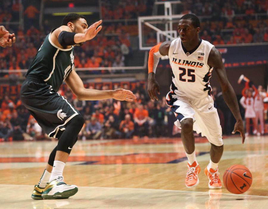 Illinois Kendrick Nunn (25) looks to drive to the basket during the game against Michigan State at State Farm Center, on Feb. 22, 2014. The Illini lost 60-53.