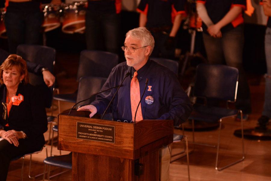 University of Illinois President, Timothy Killeen at the homecoming pep rally on Friday, Oct. 23, 2015.