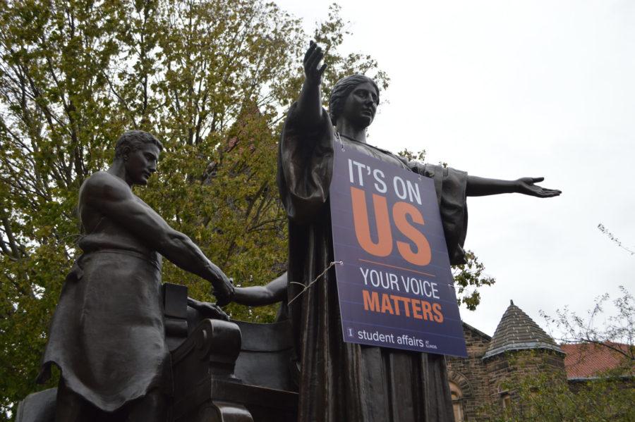 The its on us campaign raises awareness for sexual assault by the Alma Mater on Oct. 29, 2015. 