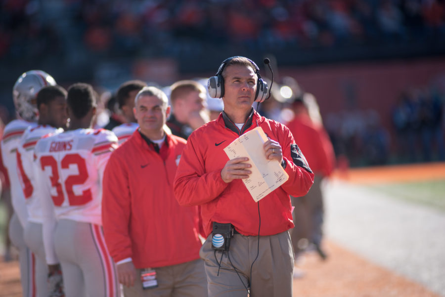 Ohio State head coach Urban Meyer watches his team march down the field during the game against Illinois at Memorial Stadium on Saturday.