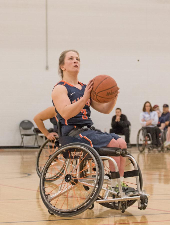 Illinois Gail Gaeng (3) readies up for a shot during the wheelchair basketball game v. UWW at the ARC on Friday, Feb. 13, 2015. Illinois won 50-42.