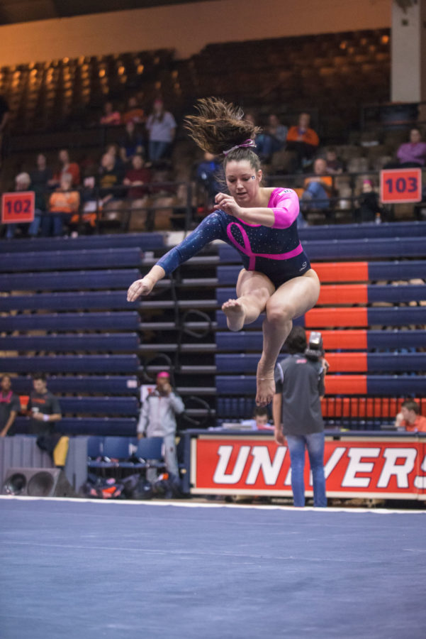 Illinois+Kelsi+Eberly+performs+a+routine+on+the+floor+during+the+match+against+Penn+State+at+Huff+Hall+on+February+1.