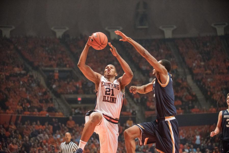 Guard+Malcolm+Hill+drives+to+the+basket+during+the+game+against+Notre+Dame+at+State+Farm+Center+on+Wednesday%2C+Dec.+2.+Illinois+lost+84-79.